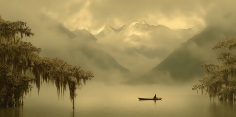 Misty Mountain Lake Scene With Canoe