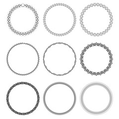 Set of 9 simple, easy-to-use black round vintage vector frames on a white background.