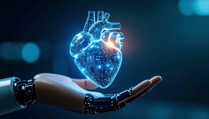 A futuristic robotic hand holds a digital heart organ glowing with electronic circuit patterns, symbolizing the advancement of medical technology, artificial intelligence in healthcare, biotechnology
