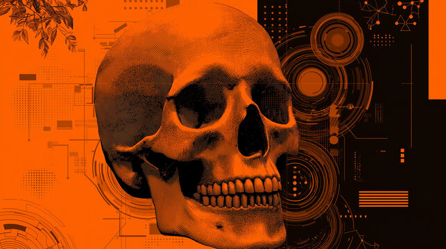 A Halloween digital design in technology style on a bright orange background with skull, blending spooky elements with futuristic vibes.
