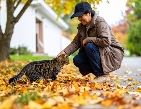 Cheerful senior couple with their cat. Happy older pair enjoy feline friend home life love care companionship together forever retirement dream.