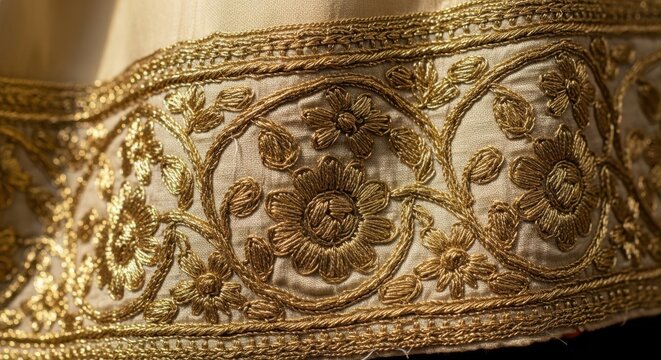 Intricate gold embroidery on ornate fabric detail