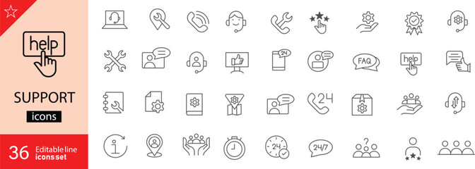 Support related icon collection. Containing help desks, live chat, FAQs, technical support, headset operators, feedback, tools, and service ratings. Vector illustration. Outline icons. Editable stroke