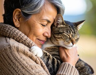Cheerful senior couple with their cat. Happy older pair enjoy home life pet a feline friend find calm and love in retirement year.