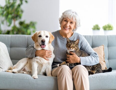 Cheerful senior couple with their cat. Happy older pair enjoy home life loving pet animal friend domestic feline retirement lifestyle bonding moment.