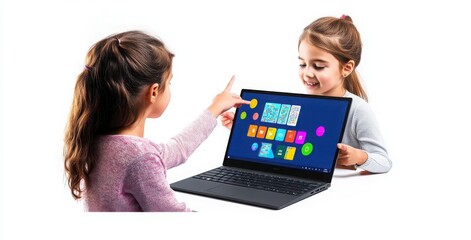 Two Young Girls Interact With Colorful Educational Game On Laptop