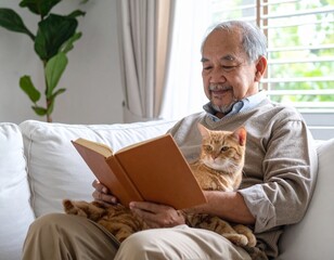 Fototapeta premium Elderly woman feeding orange and gray cat on a busy street during the day in an urban environment. Kind senior give food to stray feline pet on city road at noon.