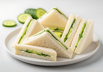 Fresh cucumber tea sandwiches on white plate. Healthy, elegant finger food for afternoon tea, light lunch, or catering. Clean, minimalist food photography.