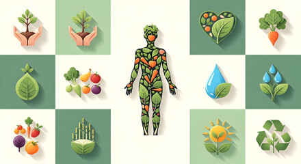Embrace vibrant, sustainable living with this collection of eco-conscious icons showcasing plant-based nutrition and environmental responsibility for a healthier planet