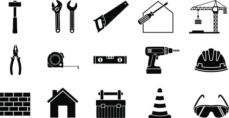 Fototapeta premium Construction tools icon set, vector illustration of hammer, wrench, saw, screwdriver, crane, and other construction equipment