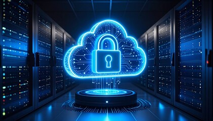 The concept of cybersecurity and cloud computing is depicted by a digital padlock icon on a glowing cloud, connected to a data server in a modern data center