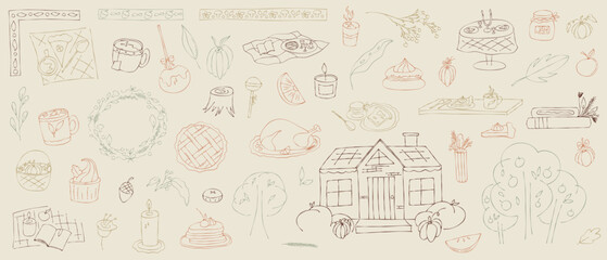 Autumn food whimsical clipart hand drawn crayon texture. Food autumn with pumpkin, leaf and cake. Cute sketch crayon hand drawn chalk simple line