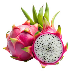 Vibrant Pink Dragon Fruit Whole and Halved Displaying its Unique Interior