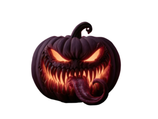 Scary Halloween pumpkin with glowing eyes, sharp teeth, and a creepy tongue sticking out, isolated on white background, perfect for spooky decor and digital art.