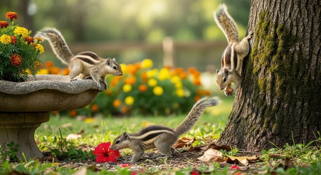 Playful squirrels in a vibrant garden setting around flowers and tree trunk