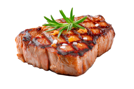 Grilled Steak with Rosemary: A close-up shot of a succulent grilled steak, perfectly seared with appetizing grill marks, adorned with fresh rosemary and a sprinkle of sea salt.