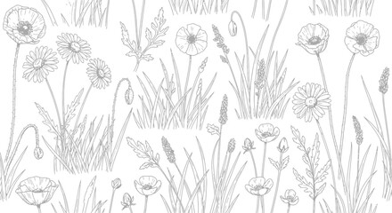 Seamless pattern with hand drawn wild flowers and grass, creating a rustic and natural design for various applications