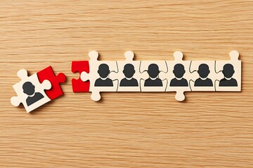 Teamwork and human resources concept with puzzle pieces representing people and a missing piece showing a disconnected individual on a wooden background