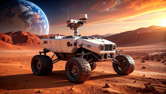 The rover's futuristic design and technical details are highlighted in this majestic alien landscape, creating an atmosphere of space exploration and scientific discovery