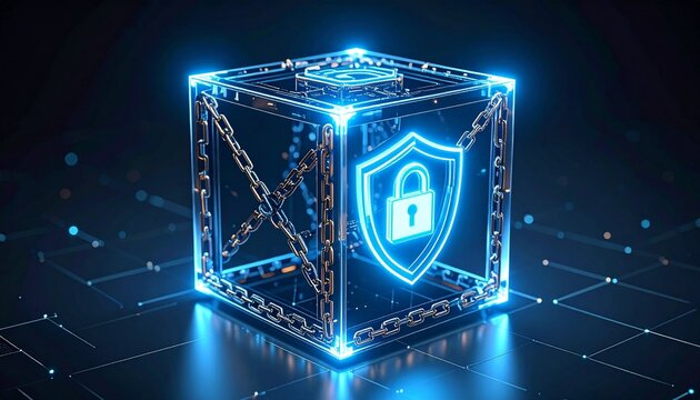 A transparent neon blue glowing cube with a shield and padlock icon inside, surrounded by chains, symbolizes encryption, privacy, and network security.  Dark background with 