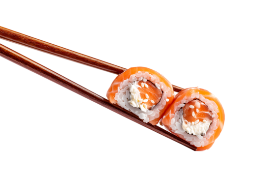 Two Sushi with salmon and cream cheese, held by chopsticks isolated on a transparent background