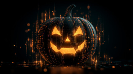 A glowing Halloween shiny black pumpkin Jack-O’-Lantern designed in a futuristic digital technology style on black background