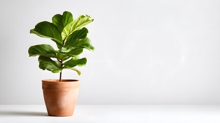 Obraz premium Bright photo of a fiddle-leaf fig plant in a simple terracotta pot, isolated on a white background, with soft lighting and copy space at side