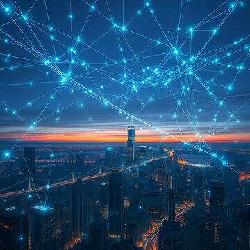 A glowing fiber-optic web hovering above the city skyline, connecting everything.