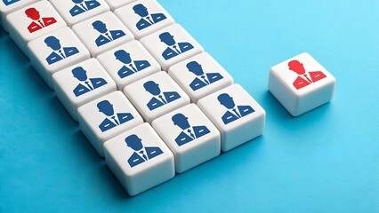 Grid of white cubes with blue businessperson icons and two red icons—one inside the grid, one outside – Individuality and exclusion, business dynamics, abstract, leadership, uniqueness, outsider 