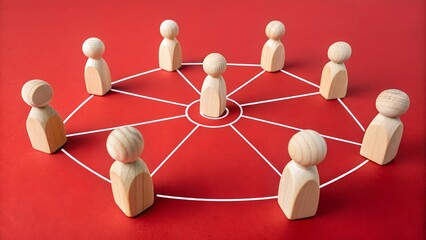 Obraz premium Nine wooden figurines arranged in a circle with white lines connecting them to a central figure on red background – Teamwork and collaboration, organizational structure, abstract, networking