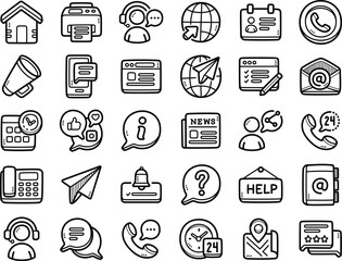 Contact us hand-drawn doodle art illustrations and elements - such as address , contact us, online service and social media.