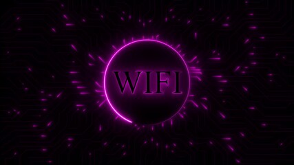 Glowing neon line banner of digital marketing concept . The arched lines above a central circle represent the universal symbol for Wi-Fi,abstract glowing Neon text of "WIFI" inside neon .