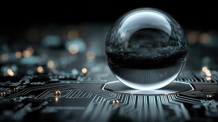 Nature conservation concept. A glass sphere on a futuristic circuit board, glowing with bokeh lights.