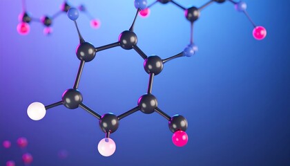 A 3d molecular model of a chemical compound with dark gray atoms connected by black lines and colorful spheres, showcasing a vibrant purple and blue gradient background.