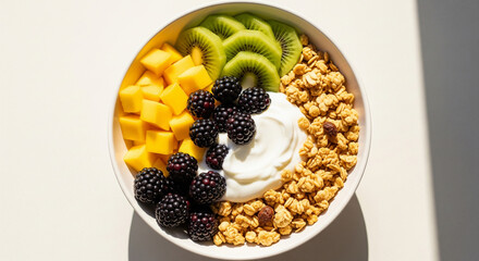 Healthy Breakfast: A Vibrant and Nutritious Bowl with Yogurt, Granola, and Fresh Fruit.