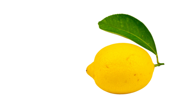 Fresh whole lemon with green leaf attached, isolated on transparent background, realistic food photography style