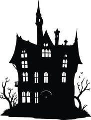 Obraz premium Black Silhouette of Spooky Haunted House with Bare Trees
