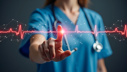A medical professional interacts with a digital representation of a heartbeat, symbolizing healthcare.