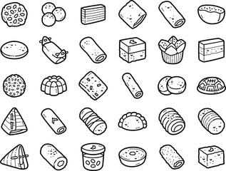Indonesian snacks hand-drawn doodle art illustrations and elements - such as onde-onde, layered cake (kue lapis), coconut roll (dadar gulung) and spring roll (lumpia).