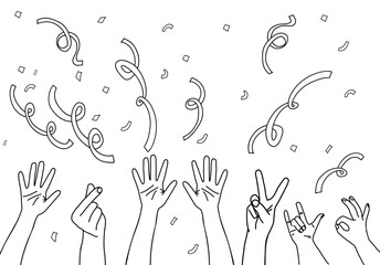 Minimalist black and white illustration of hands showing various gestures with falling confetti, symbolizing celebration, joy, and positive energy.  