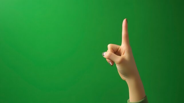 Woman's Hand Pointing Upwards Against A Bright Green Background
