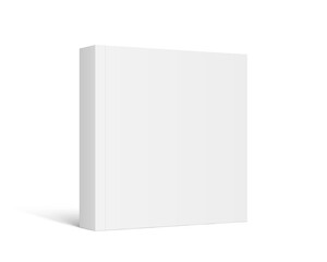 Vector mockup of square standing paperback book with white blank softcover isolated. Book, catalog or magazine mock up on white background. 3d illustration. Diminishing perspective.