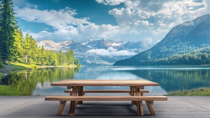 Wooden Picnic Table Near a Tranquil Lake