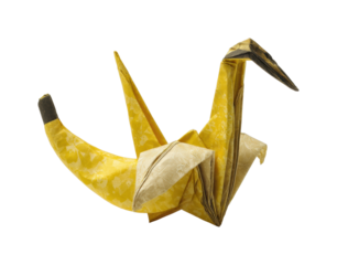 Creative origami banana crane sculpture craft display isolated on transparent background, png