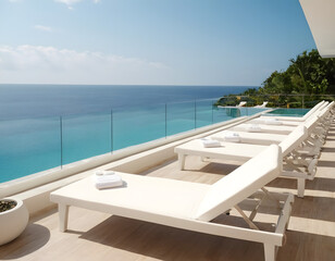 Fototapeta premium Modern Resort Poolside with Sunbeds and Tropical Scenery. Relaxing Poolside with White Loungers and Blue Horizon.Tropical Vacation Resort with Infinity Pool and Oceanfront View
