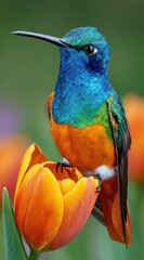 Fototapeta premium Hummingbird perched on an orange tulip