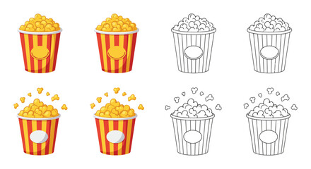 Popcorn buckets in color and outline versions for cinema or party