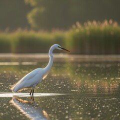 Obraz premium Elegant great egret standing gracefully in shallow water at sunrise