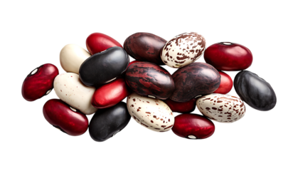 A variety of beans, including red beans, black oval beans isolated on a transparent background