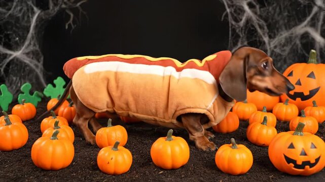 Dachshund in Hot Dog Costume Navigating Pumpkin Patch - A long-haired dachshund, dressed in a hot dog costume, playfully explores a miniature pumpkin patch.